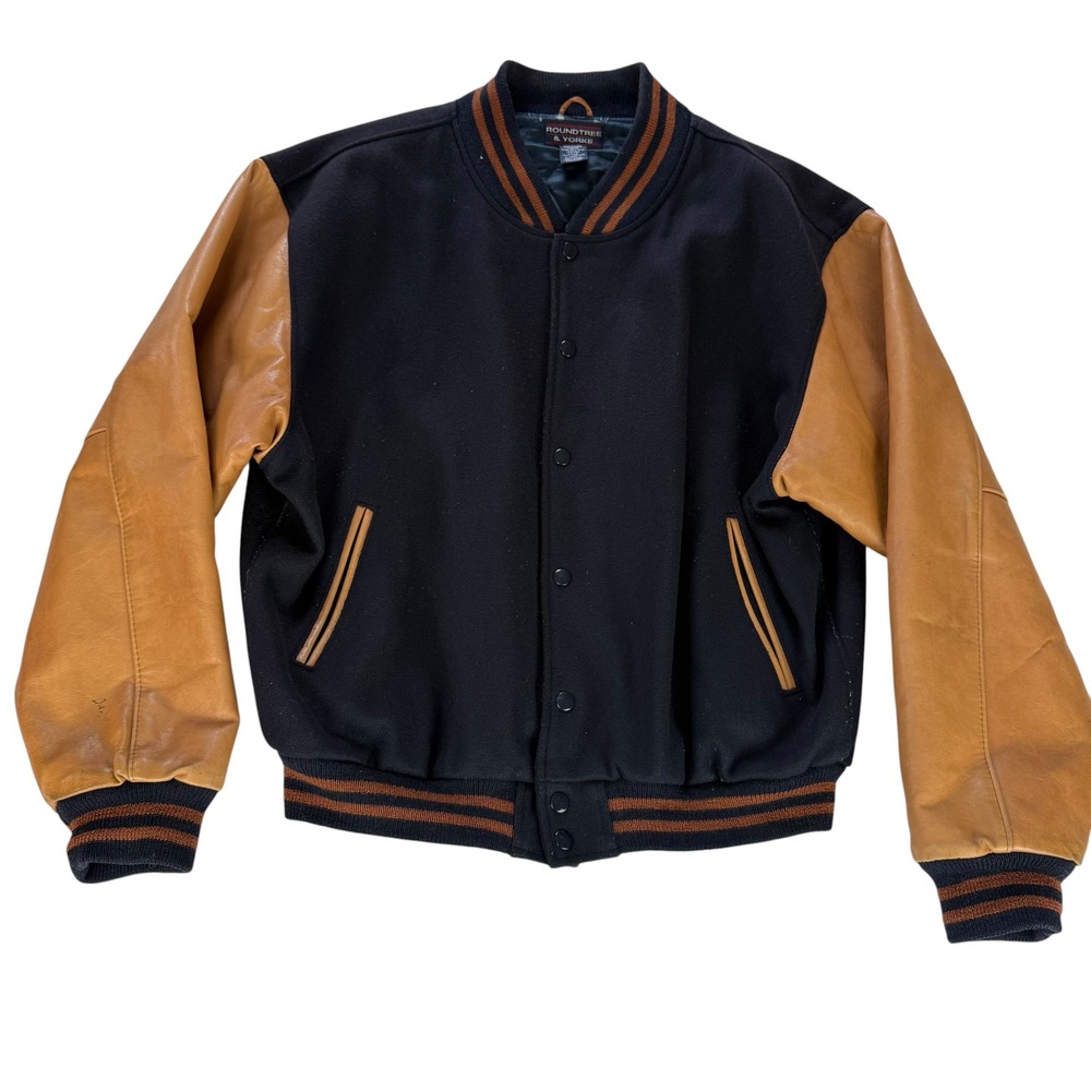 Roundtree & Yorke Vintage Mens Large Varsity Jacket Wool Leather Navy Tan USA